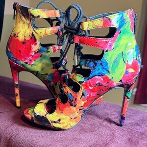 Candies Tie Dye Peep Tie Zip Stiletto Heels Fun Statement Club Size 6.5